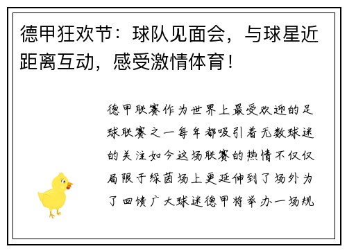 德甲狂欢节：球队见面会，与球星近距离互动，感受激情体育！
